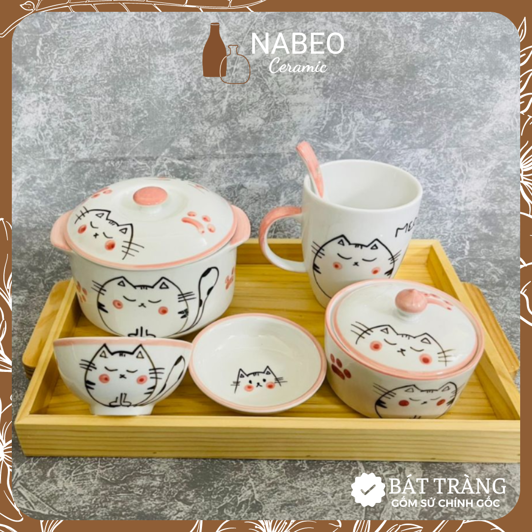 Bộ bát đĩa decor mèo hồng, bộ đồ ăn đẹp cho bé ăn dặm - gốm sứ bát tràng