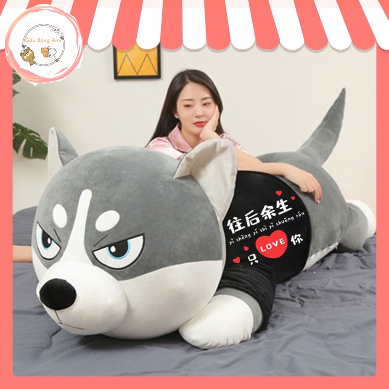 Gấu bông chó Huskie mặc áo ni kích thước 1m1-1m5-1m8 Xưởng gấu bông Việt Nam