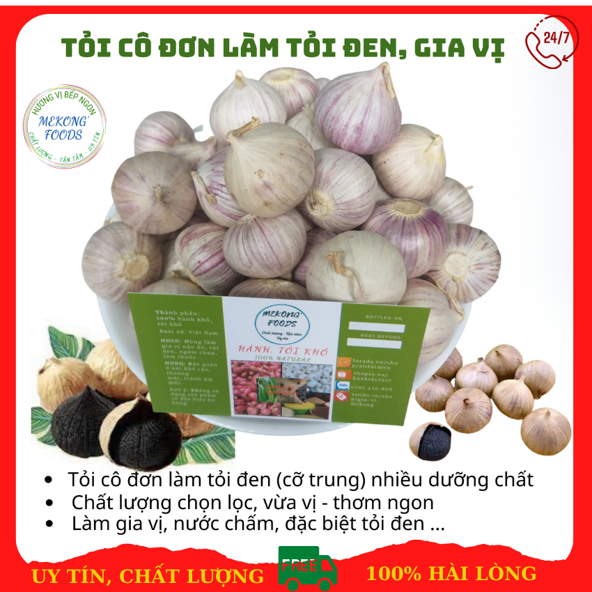 Tỏi cô đơn Phan Rang cỡ trung làm tỏi đen, củ tỏi 3-4cm một tép Mekong Foods túi 1000gr