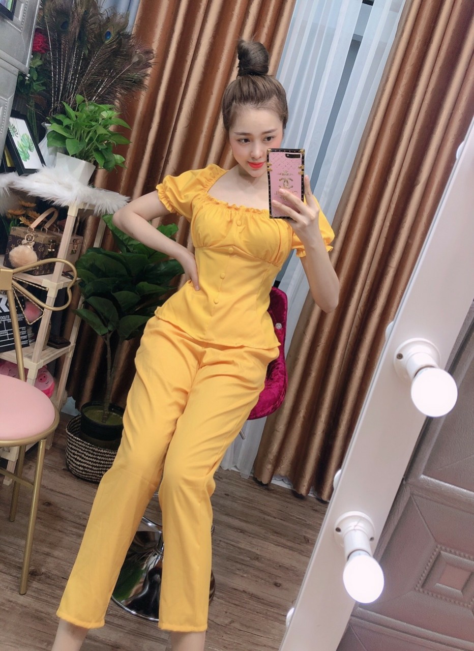 Ảnh thật-Đồ bộ nữ quần dài, áo tay phồng núa bọc dễ thương