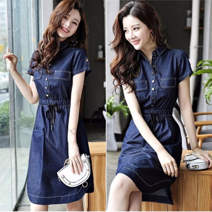 [HCM]Đầm Jean Nữ Ngắn Tay Cổ Bẻ Lai Bầu