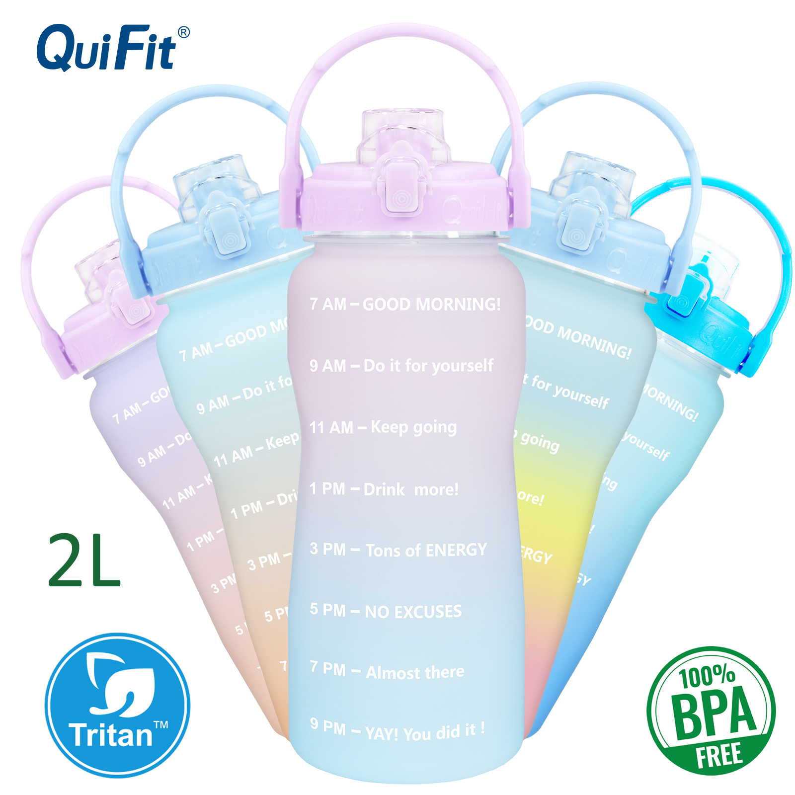 Quifit 2l / 64oz chai nước tạo động lực & điểm đánh dấu thời gian bpa bình nước lớn miễn phí chống rò rỉ bền cho những người đam mê thể dục ngoài trời