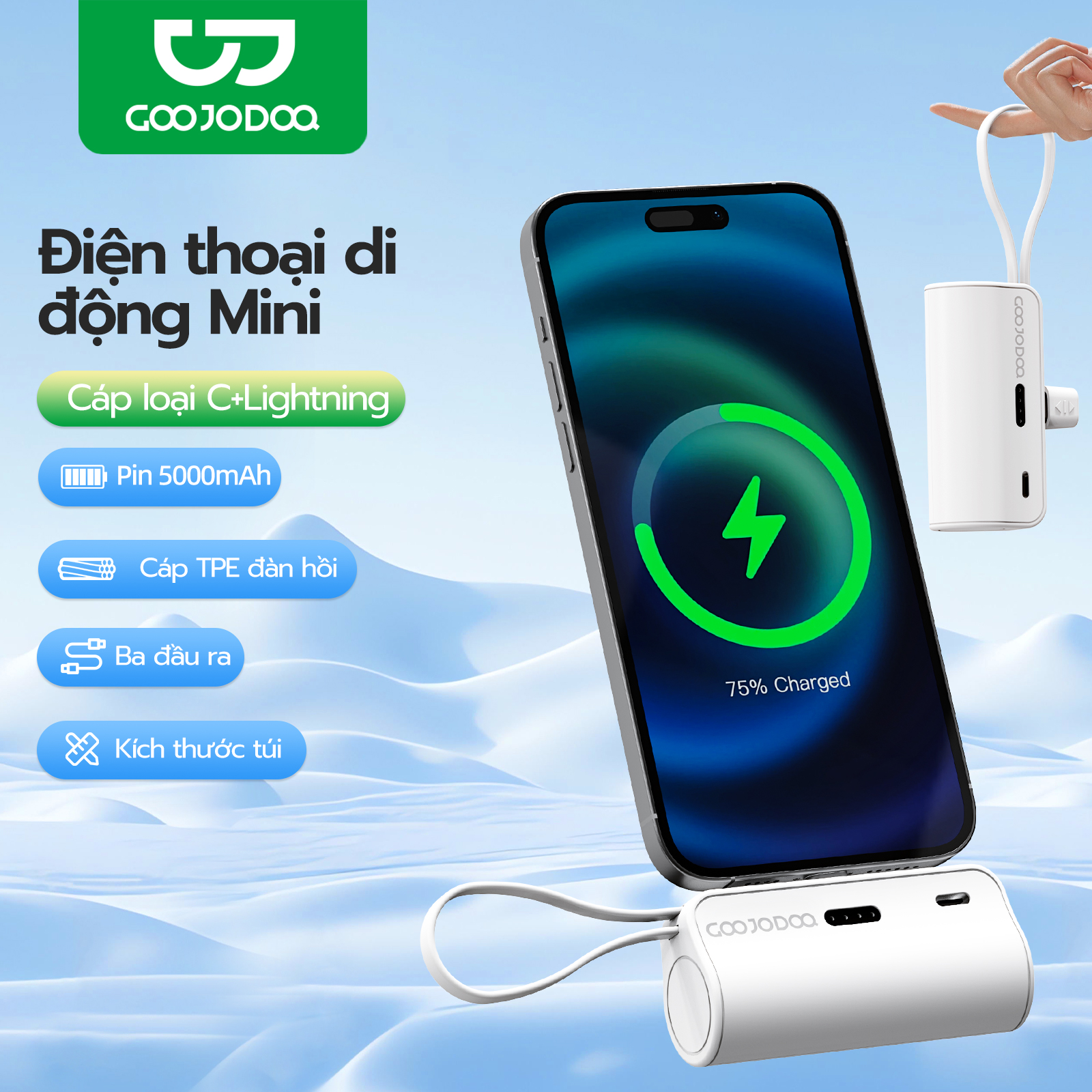 Sạc Dự Phòng 5000MAh GOOJODOQ sạc pin dự phòng 2 Trong 1 Type-C & Lightning Cáp Sạc Máy Bay Dạng Viên Nang Thuận tiện mang theo