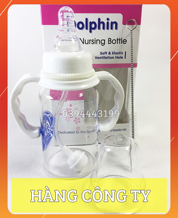 [Tặng 1 Núm Ty] Bình Sữa Thủy Tinh 120ml Có Tay Cầm và Ống Hút Cổ Hẹp DOLPHIN – DP002