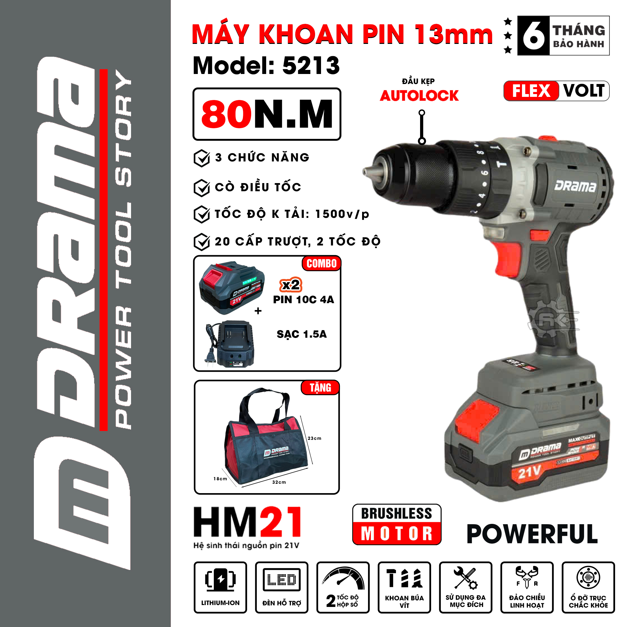 Máy Khoan Pin DRAMA 5213, Lực Siết 100Nm, 3 Chức năng, Đầu kẹp 13mm Autolock