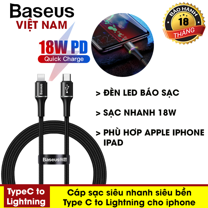 [BẢO HÀNH 12 THÁNG] Cáp sạc nhanh 18W Type-C to Lightning Baseus có đèn LED cho Iphone X 8 7 Plus Iphone 11 Pro Max XS XR