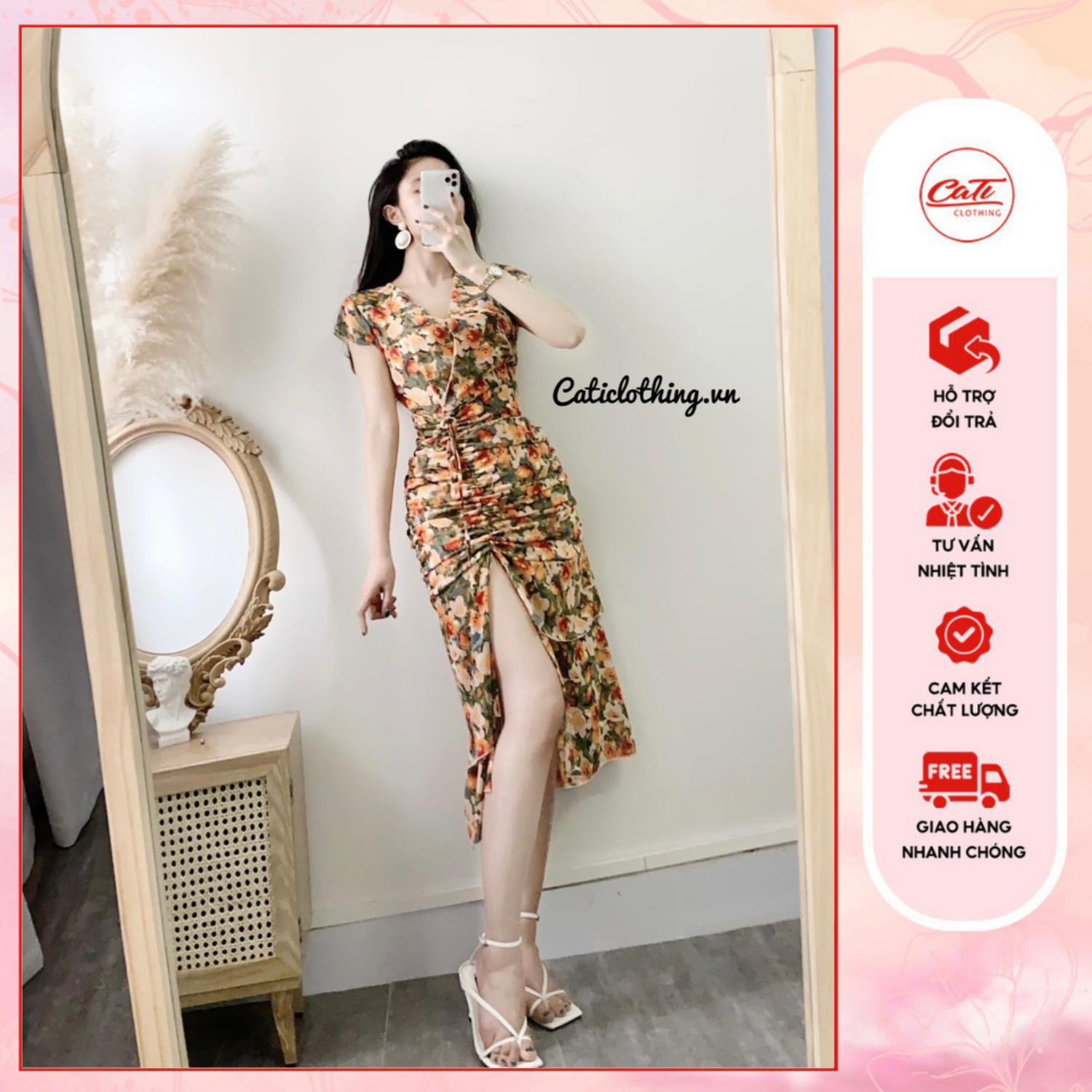 CATI Đầm hoa rút eo 4 màu đẹp xuất sắc