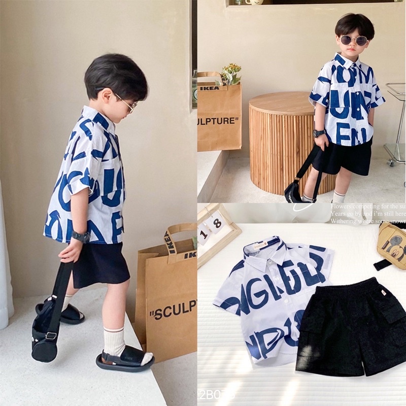 Bộ short sơ mi chữ quần đen bé trai-ms106
