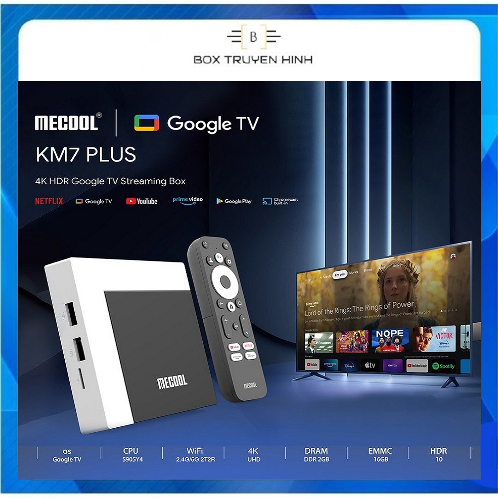 Android Box Mecool KM7 Plus, Remote voice giọng nói, Android TV 11 Google CE, Netflix 4K, CPU S905Y4, DDR4 2GB, Rom 16GB, Wifi 2.4Ghz/5Ghz, Bluetooth 5.0, cấu hình mạnh mẽ, giá tốt