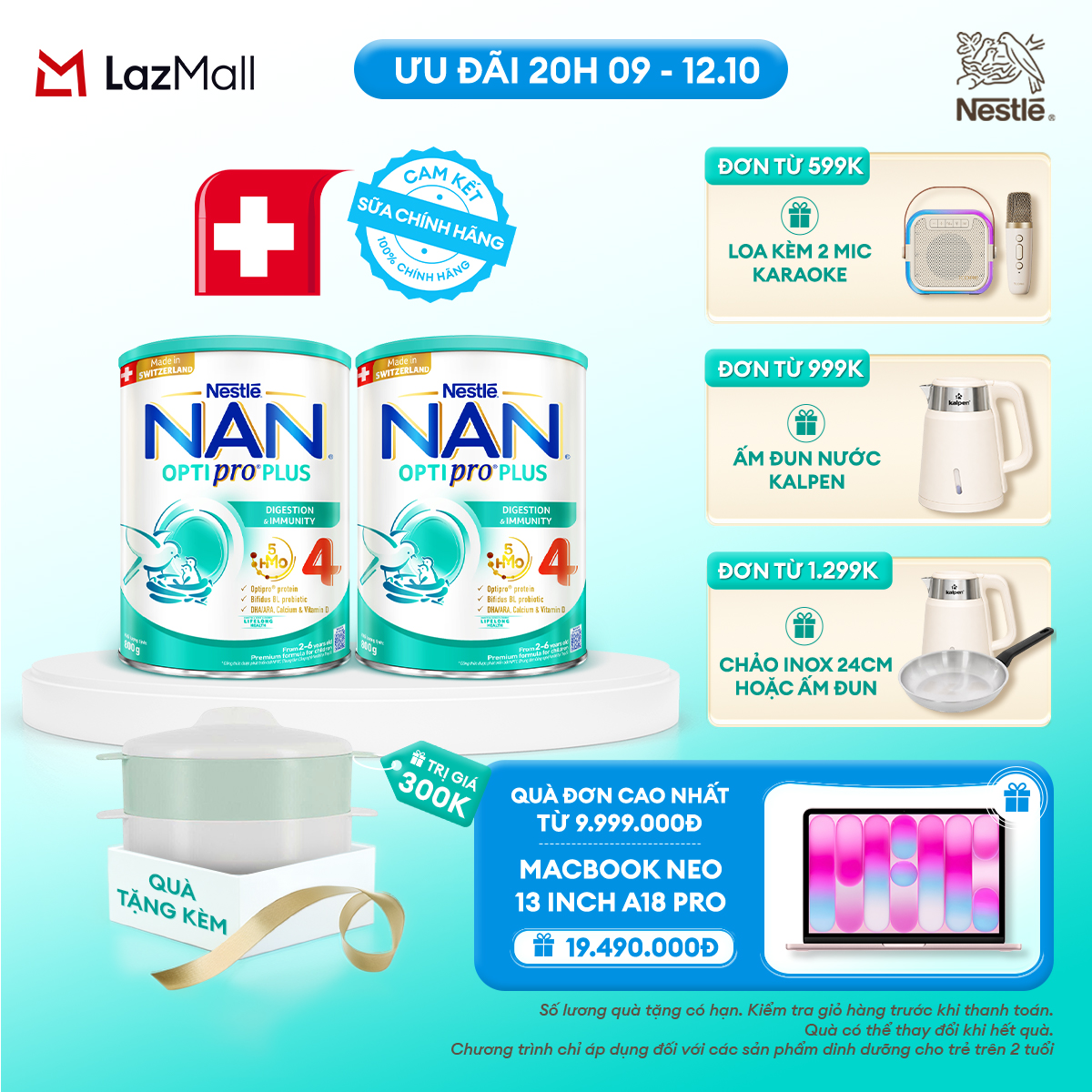 [CHỈ 20h 9-12.10 QT ĐƠN 599K/999K/1299K] [Tặng Xửng hấp] Bộ 2 Lon Sữa bột Nestlé NAN OPTIPRO PLUS 4 với 5HMO xuất xứ Thụy Sĩ  - Hộp 800g cho bé từ 2-6 tuổi - Sữa công thức dinh dưỡng cho trẻ giúp hỗ trợ tiêu hóa, đề kháng, trí não và phát triển toàn diện