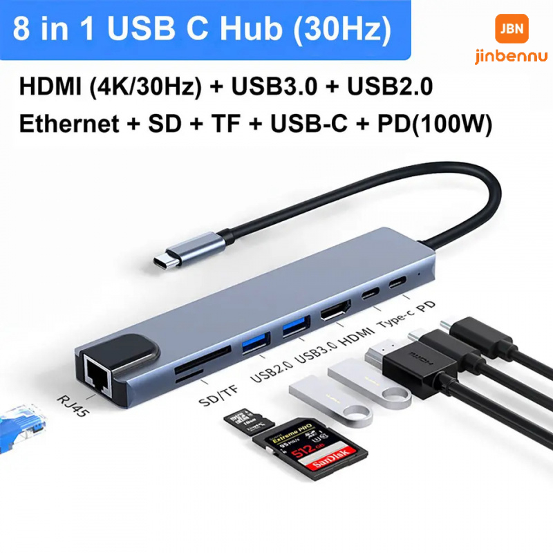 Type C Adapter USB HUB 8 in 1 Expansion TF SD Card Reader RJ45 Ethernet PD 4K for iPad