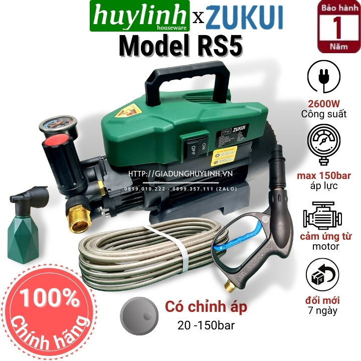 Máy xịt rửa xe chỉnh áp zukui rs5 - 2600w - tặng bình xà bông + béc rửa máy lạnh
