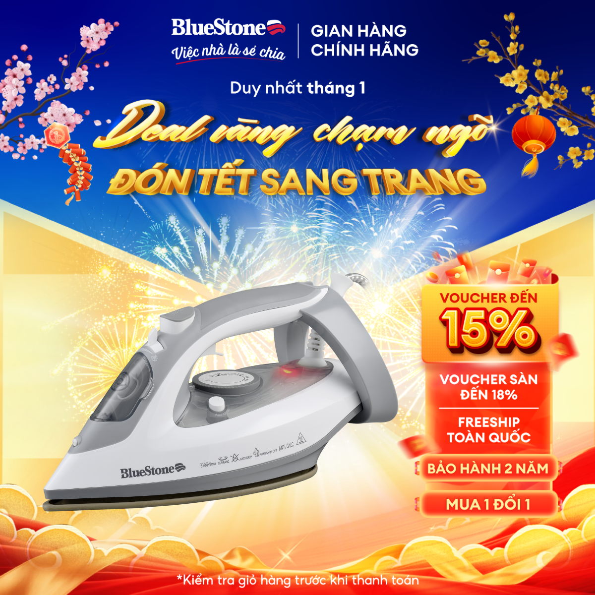 Bàn ủi hơi nước BlueStone SIB-3836 - Mặt đế Ceramic cao cấp - Công suất 2600 - 3100W - Bảo hành 2 năm  - Hàng chính hãng