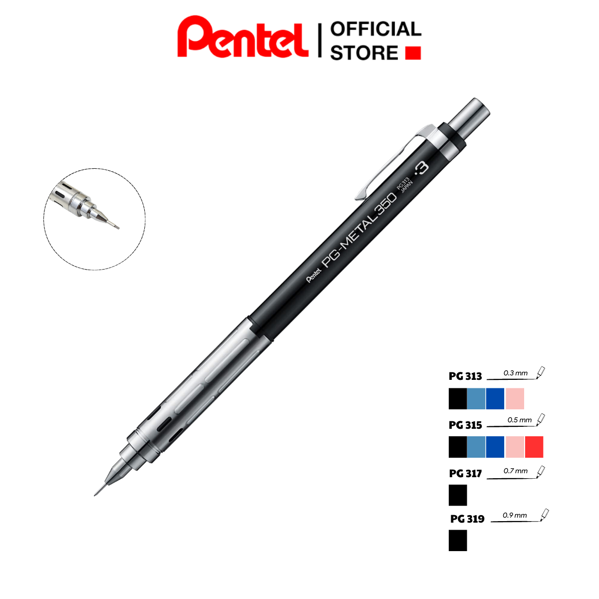 Bút chì kim bấm kỹ thuật pentel pg-metal350 pg313/ 315/ 317 | đầu bút inox cao cấp không han gỉ| họa cụ chuyên nghiệp