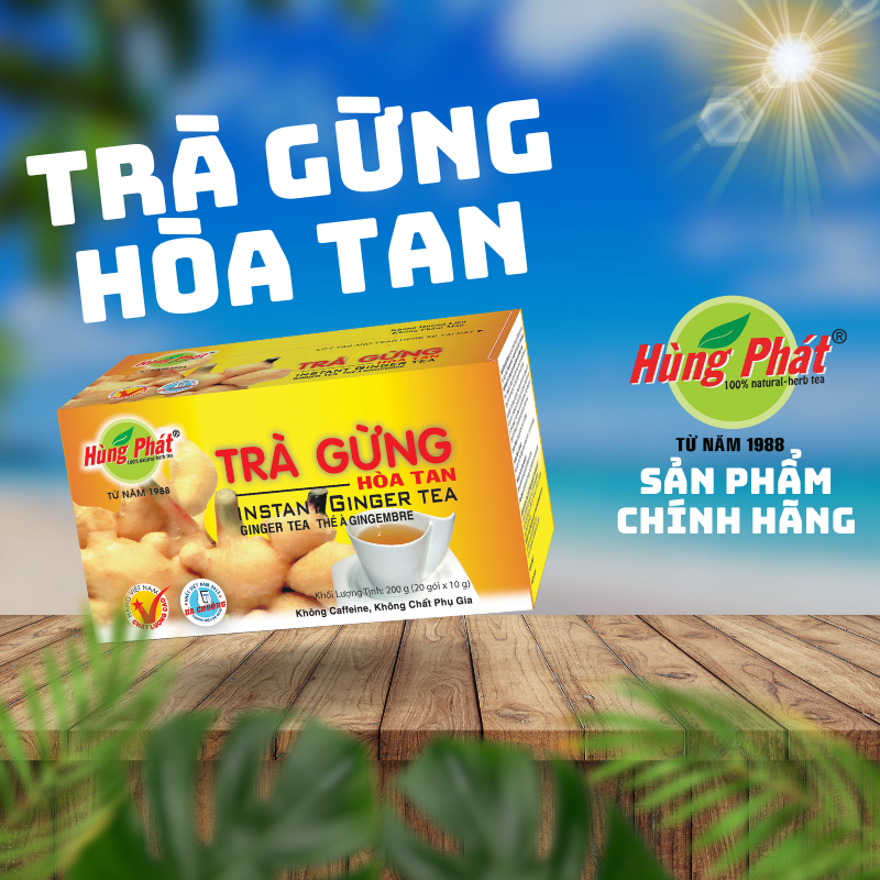 Trà Gừng Hòa Tan Làm Ấm Cơ Thể Hỗ Trợ Giảm Đầy Hơi Khó Tiêu Hộp 200g - Trà Hùng Phát
