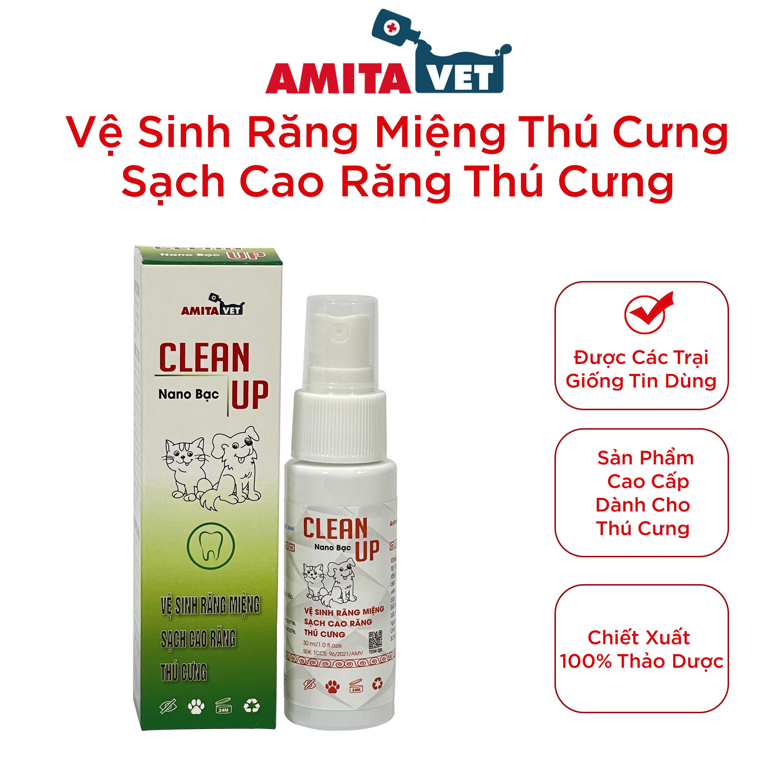 Xịt thơm miệng chó mèo Clean Up giúp vệ sinh riêng miệng thú cưng ngừa sâu răng khử mùi hôi miêng chó mèo 30ml AMITAVET