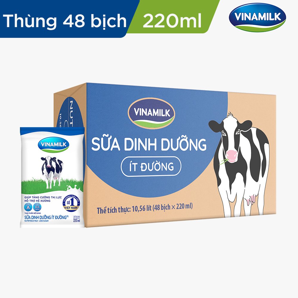 Sữa dinh dưỡng Vinamilk ít đường - Thùng 48 bịch x 220ml