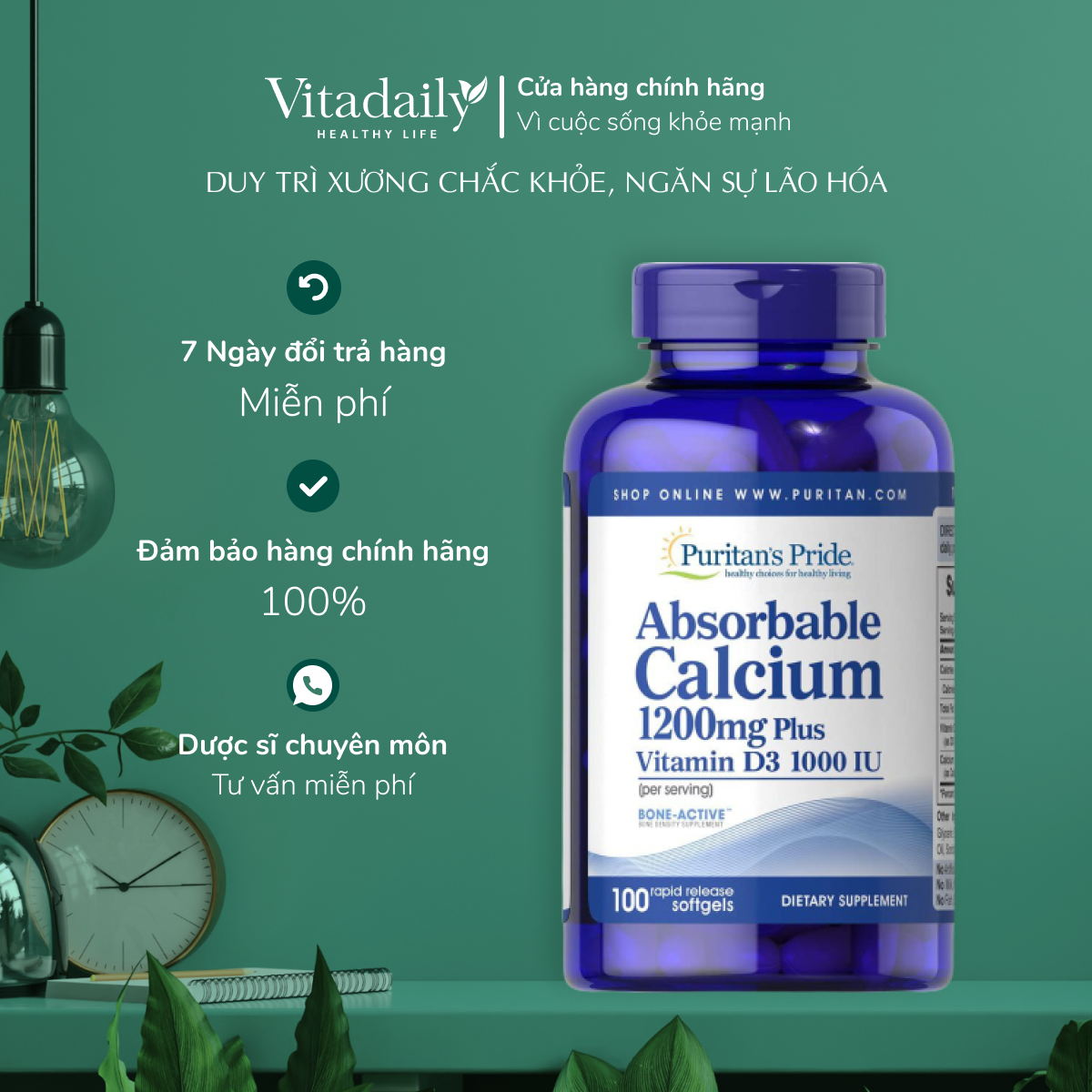 Viên uống canxi ngừa loãng xương Absorbable Calcium magnesium Puritan's Pride