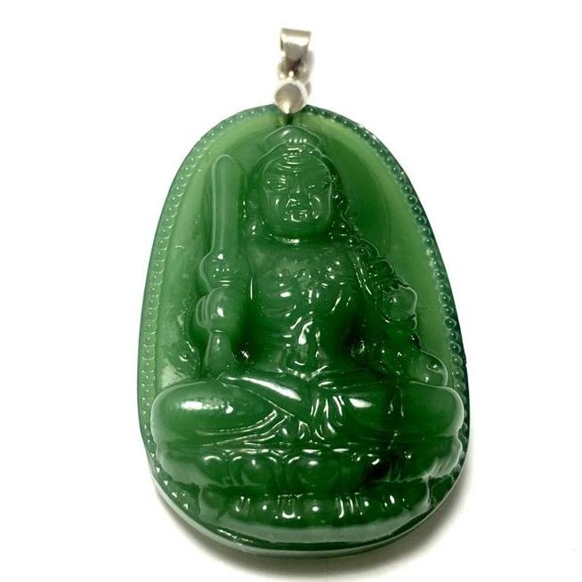 Mặt dây bản mệnh khắc ngài Bất Động Minh Vương đá ngọc tự nhiên cho người tuổi Dậu Bạc QTJ - MDNA11(Xanh Lục)