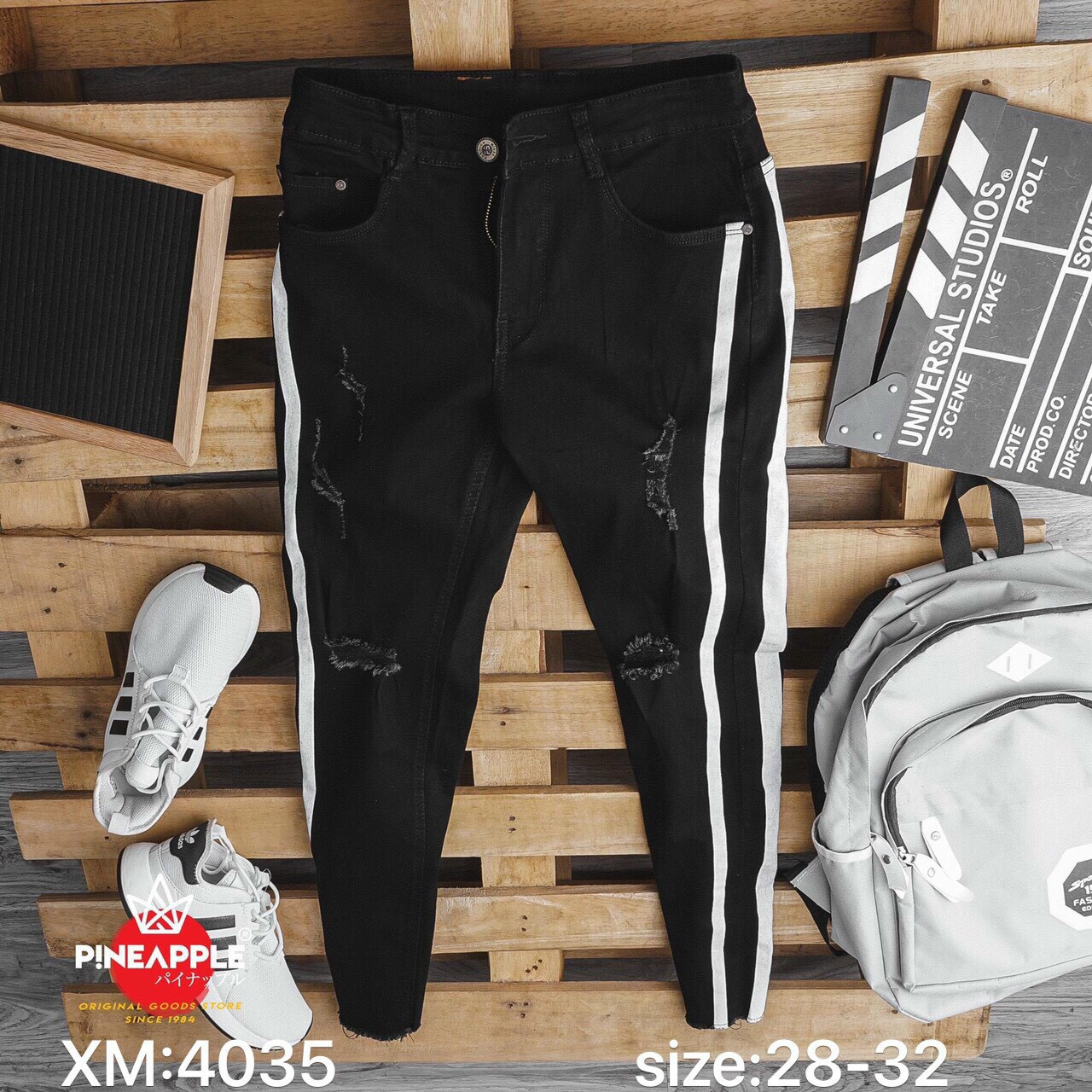 [HCM]Quần Jean Nam Đen Rách Gối Viền Trắng Ống Tua Jean Cotton Co giãn Xịn Sò 4035