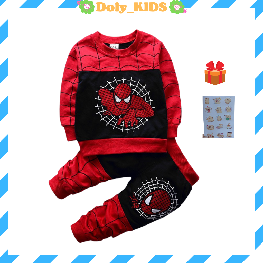 Bộ thu đông bé trai Doly kids, bộ dài tay bé trai in hình siêu nhân người nhện chất da cá cho bé từ 14-28kg