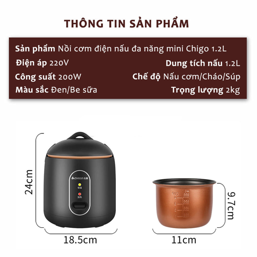 Nồi cơm điện Chigo 1,2L, nồi cơm mini nấu đa năng, nấu cơm, hầm cháo, hấp, xào, luộc an toàn, tiện lợi, thiết kế chống tràn hiện đại