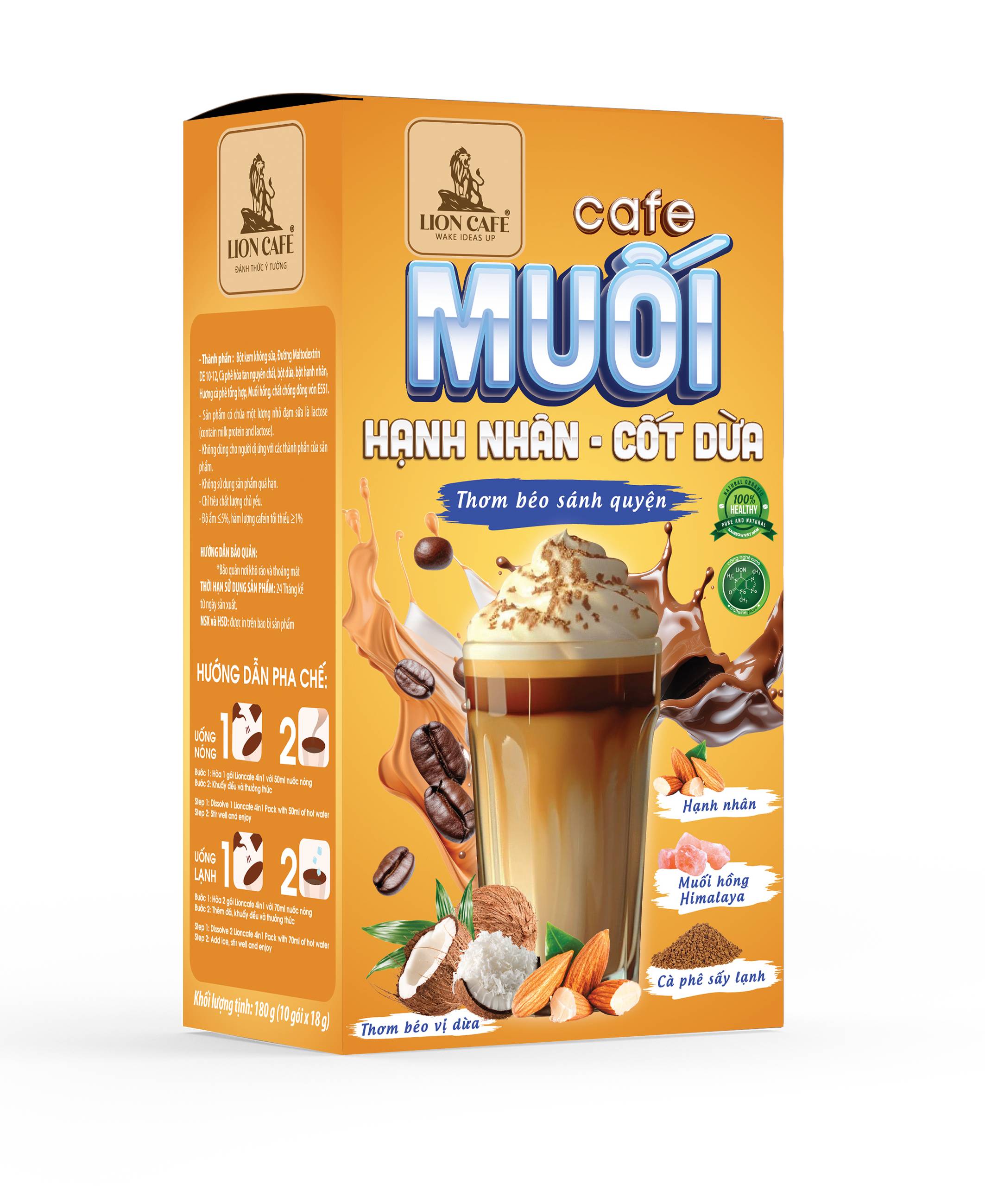 Cà Phê Muối Hạnh Nhân Cốt Dừa - LION CAFE Hộp 180g 10 gói x 18g - Thơm Béo Sánh Quyện