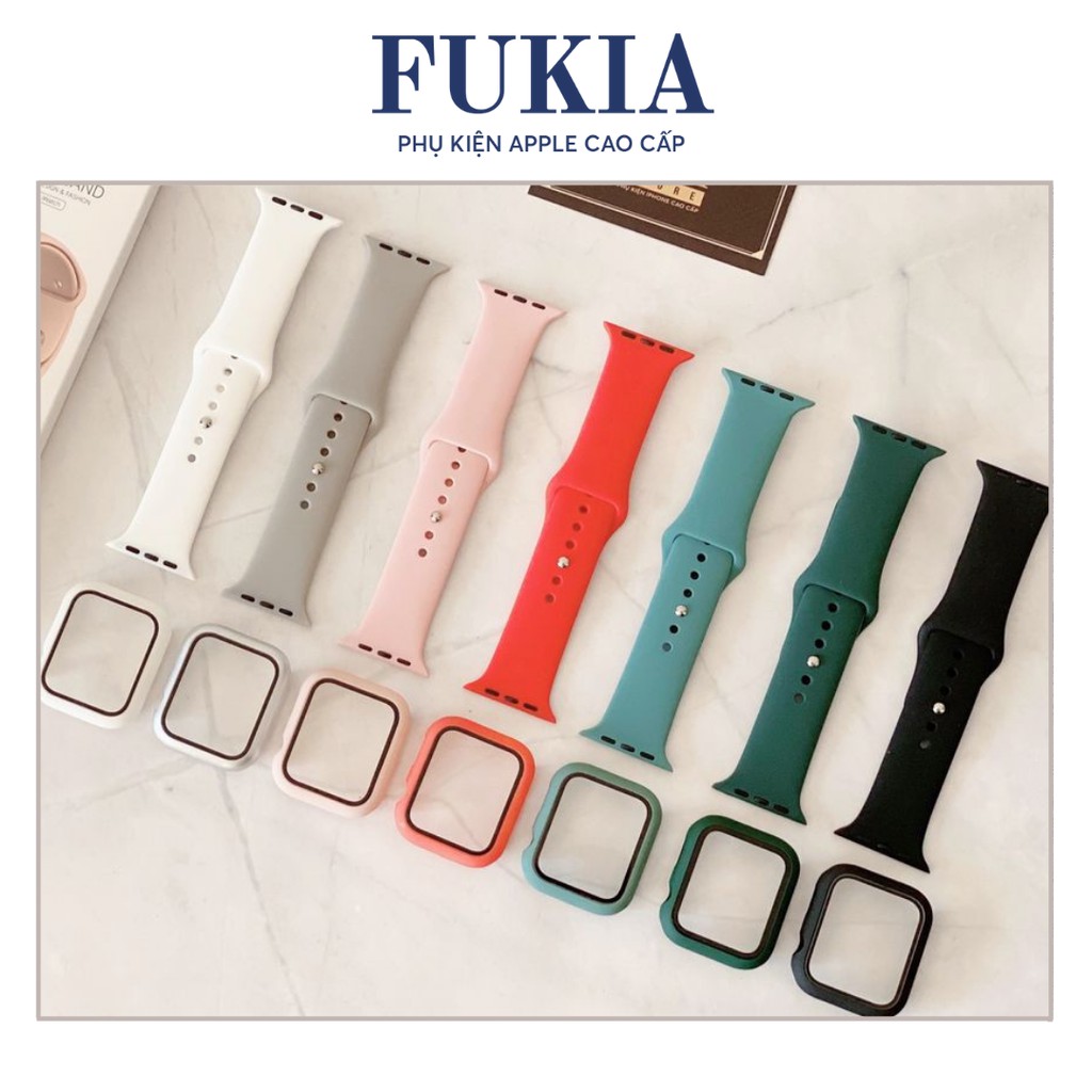 Combo Ốp Kính Cường Lực 9H Và Dây Silicon Apple Watch Đồng Hồ Thông Minh Iwatch 1 2 3 4 5 38Mm 40Mm 42Mm 1