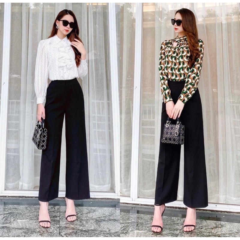 Quần tây ống rộng cạp cao bản to phối 2 cúc bọc cá tính chất liệu tuyết mưa làm nhỏ gọn bụng