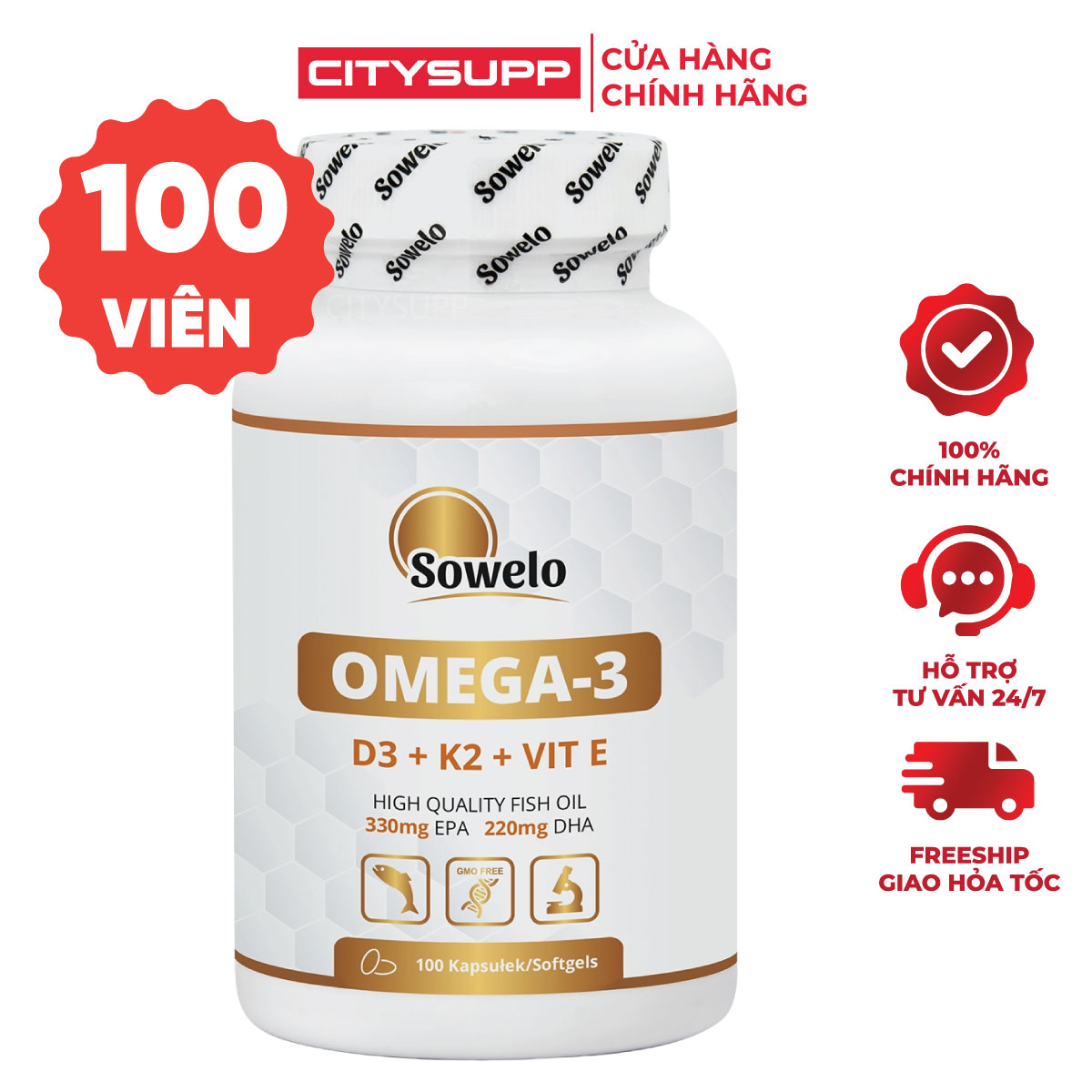 Viên Uống Dầu Cá Sowelo Omega 3 (100 Viên) Bổ Sung Vitamin D3 K2 Và E, Bổ Sung EPA và DHA | Nhập Khẩu Ba Lan