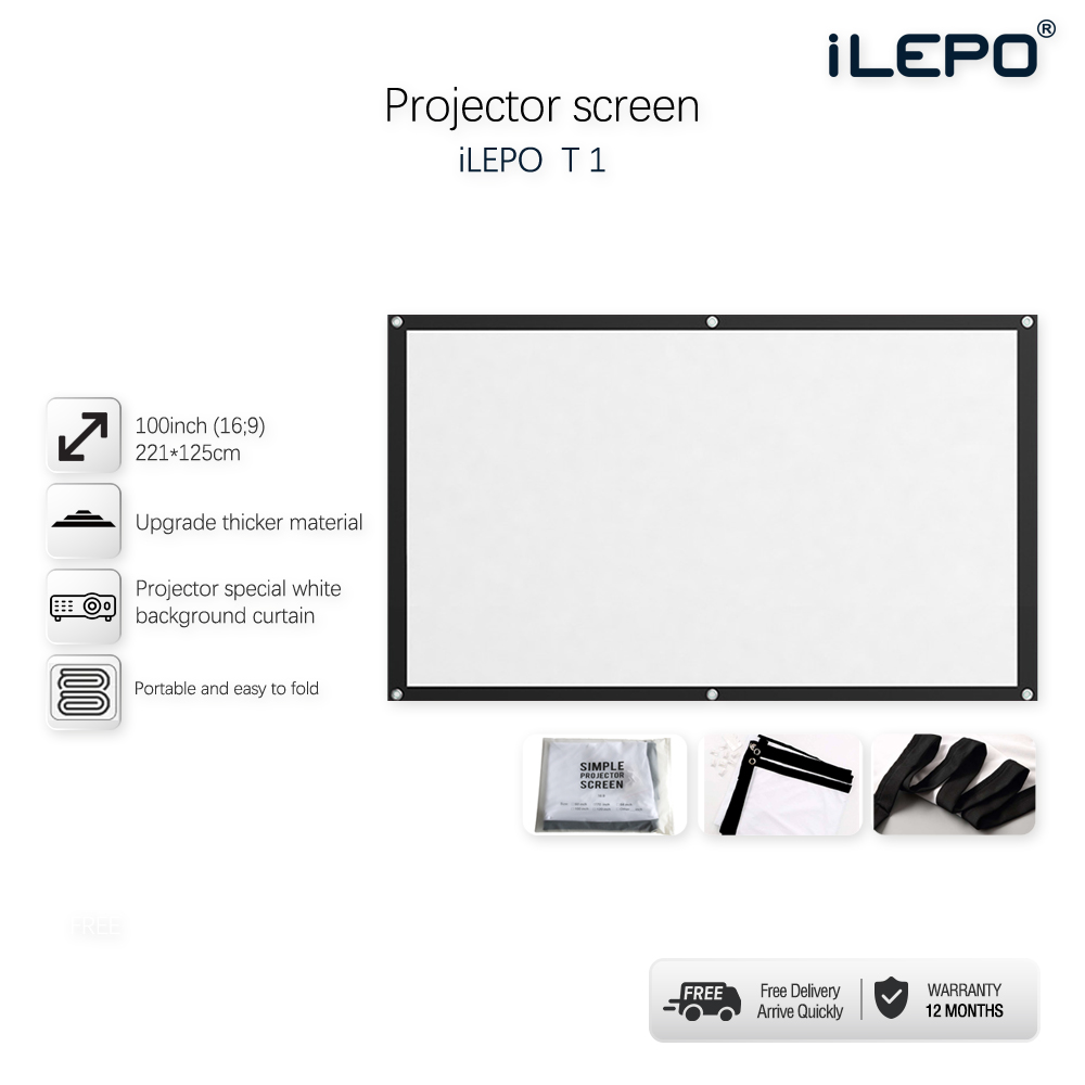 Màn chiếu treo tường 100inch dễ sử dụng hình ảnh chiếu sắc nét vải màn bền bỉ có thể gấp lại không nhăn không hạn chế góc nhìn T1 màn chiếu