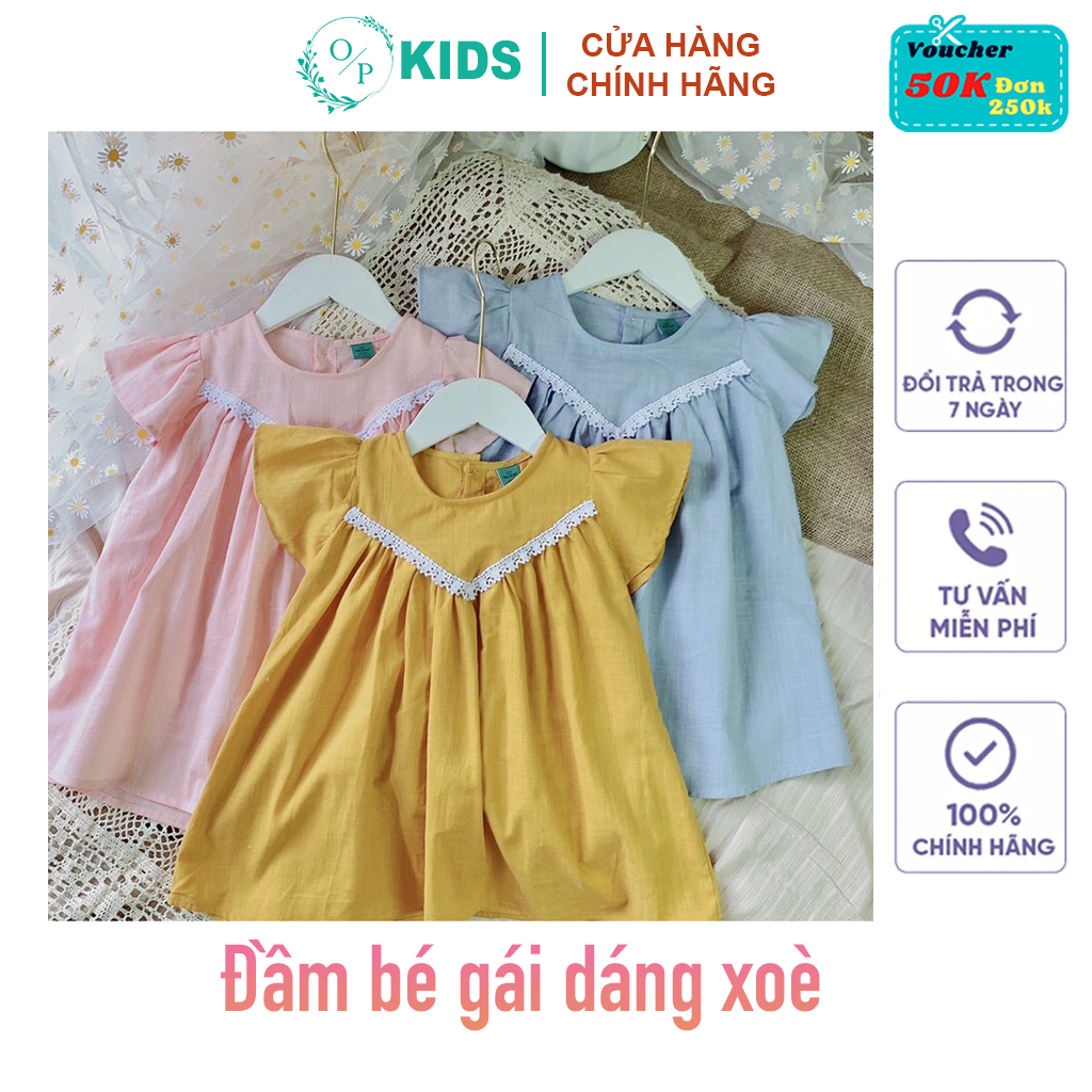 Đầm bé gái dáng xoè mùa hè mát mẻ 3 màu xinh yêu O.P kids, Vải thô đũi mềm mại, mặt vài mát, mịn, có thấm hút mồ hôi, không co, không nhăn