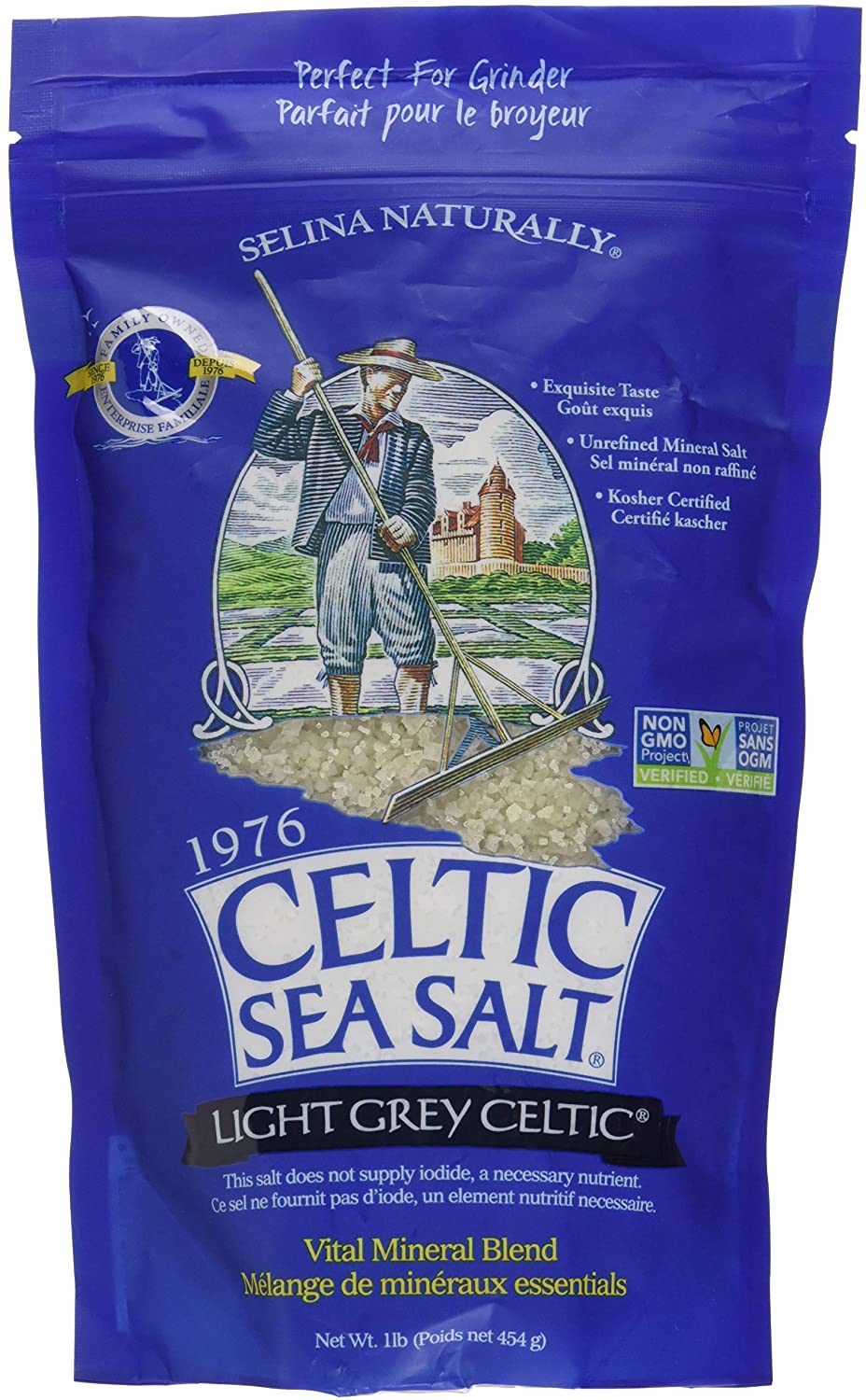 MUỐI BIỂN HẠT NHỎ GIÀU KHOÁNG CHẤT & CHUẨN SẠCH Non-GMO, Light Grey Celtic Sea Salt, Gluten-Free, 454g (1lb)