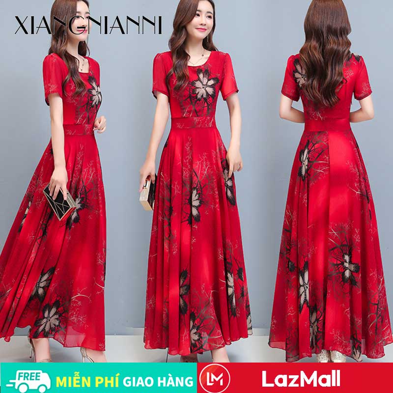 Xiang Nian Ni váy xinh nhẹ nhàng váy đầm trung niên cho mẹ TRUNG NIÊN mới Chân váy xòe lớn Đầm được in hình khí chất lỏng thường ngày ngoại cỡ cho nữ