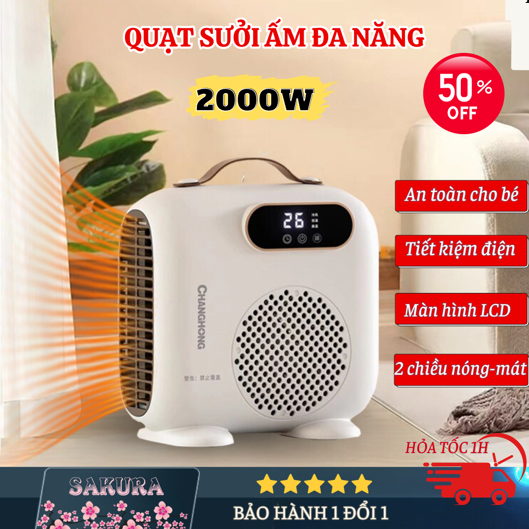 Máy sưởi mini Changhong công suất cao 2000w ấm nhanh sau 1s, quạt sưởi ấm 2 chiều cao cấp, quạt sưởi Xiaomi