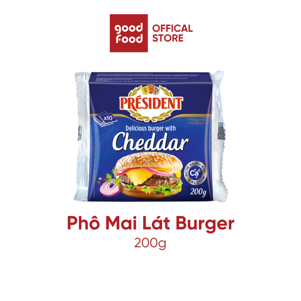 Phô mai lát nhập khẩu từ Pháp, giàu canxi, dễ sử dụng cho burger, phô mai cheddar President, 10 miếng - 200g