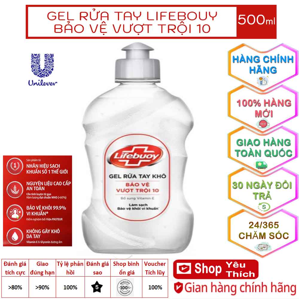 Gel rửa tay khô Lifebuoy bảo vệ vượt trội 10 chai 500ml