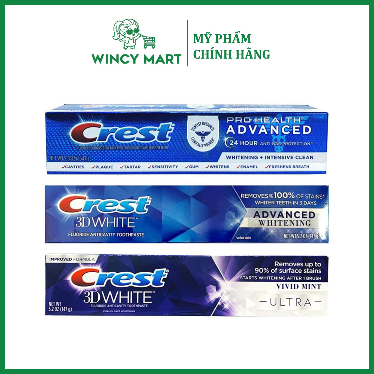 Kem Đánh Răng Crest 3D White Ultra - Advanced Tripple Whitening 147g- 232g Giúp Loại Bỏ Vết Bẩn, Trắng Răng - Wincy Mart