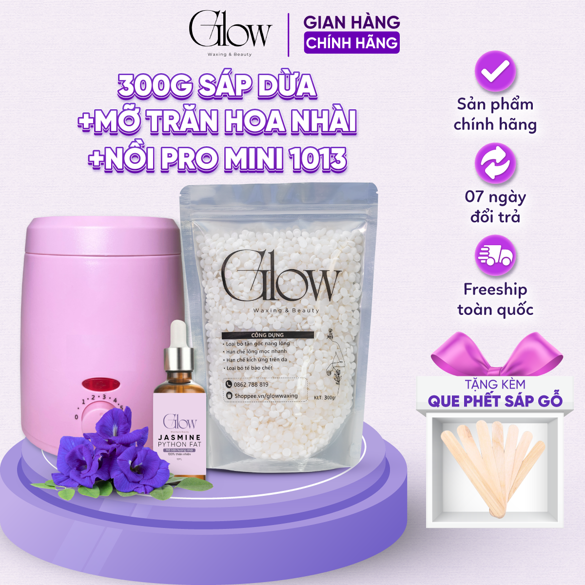  Combo 300gr Sáp Wax Lông Nóng + Nồi Nấu Sáp ProWax 200 Chống Dính Mini GLOW WAXING  + Mỡ Trăn Hoa Nhài  CHE TÊN SẢN PHẨM - 1013 