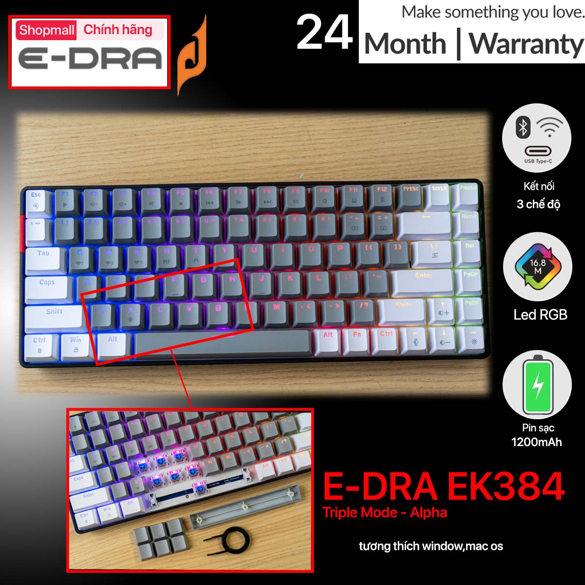 Bàn phím cơ chơi game e-dra ek384 triple mode - alpha led rgb
