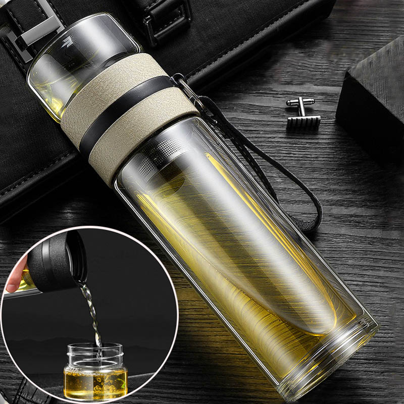 BÌNH THỦY TINH 2 LỚP GIỮ NHIỆT 400ML KÈM BỘ LỌC PHA TRÀ INOX 304 VÀ NẮP BẰNG THỦY TINH KIÊM CỐC LY UỐNG TRÀ, CÓ DÂY ĐEO
