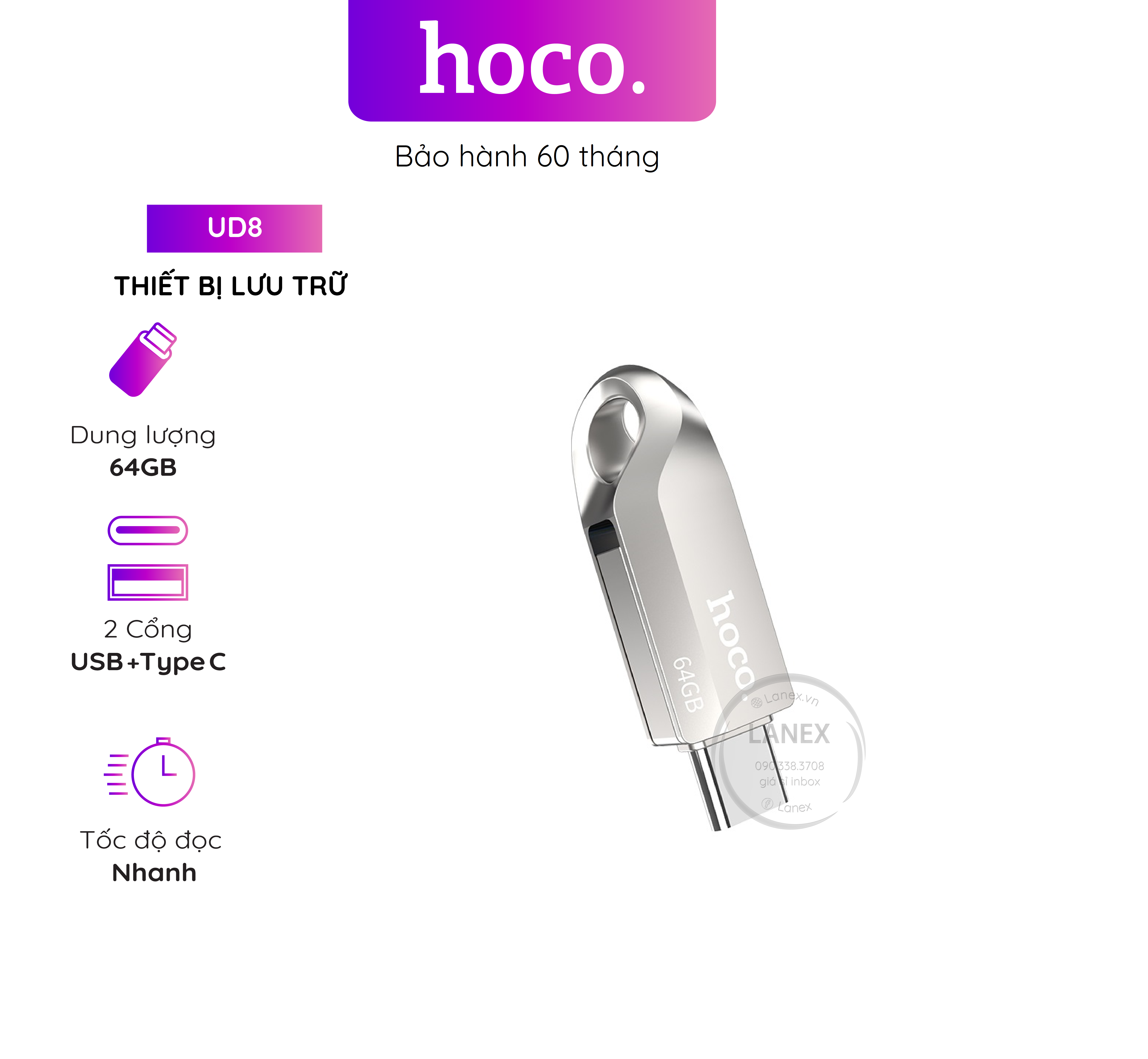 Thiết bị lưu trữ hoco ud8 usb 2 đầu 3.0 hợp kim kẽm tích hợp
