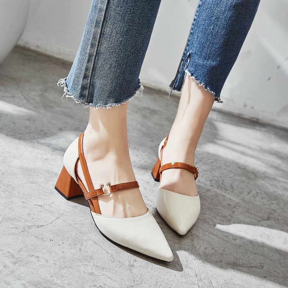 Giày cao gót nữ, Giày sandal cao gót thời trang mũi nhọn quai mảnh ôm chân đế vuông gót cao 5cm