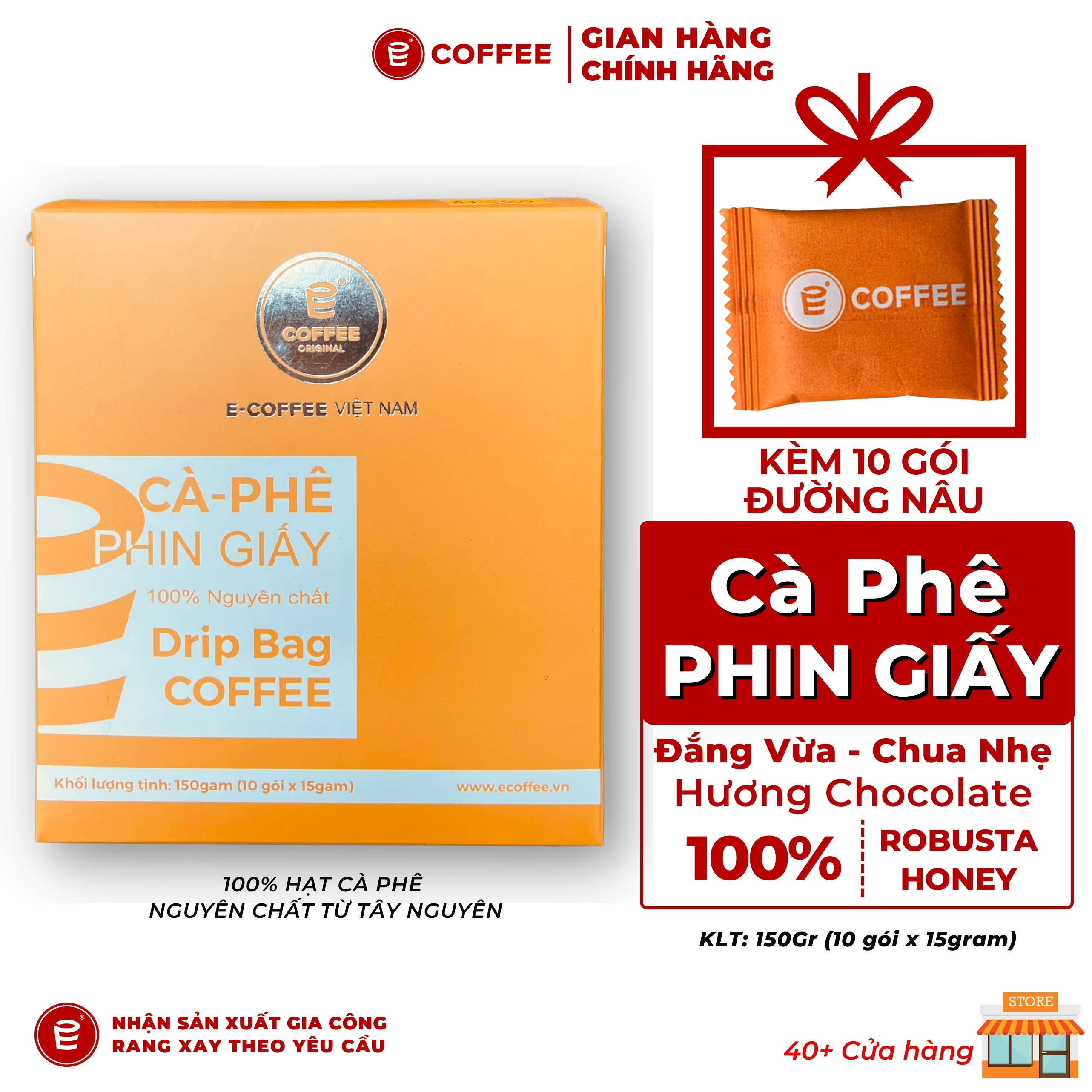 Cà phê phin giấy e-coffee 100% robusta honey premium chất lượng cao, fine robusta hương chocolate hậu vị ngọt kéo dài.