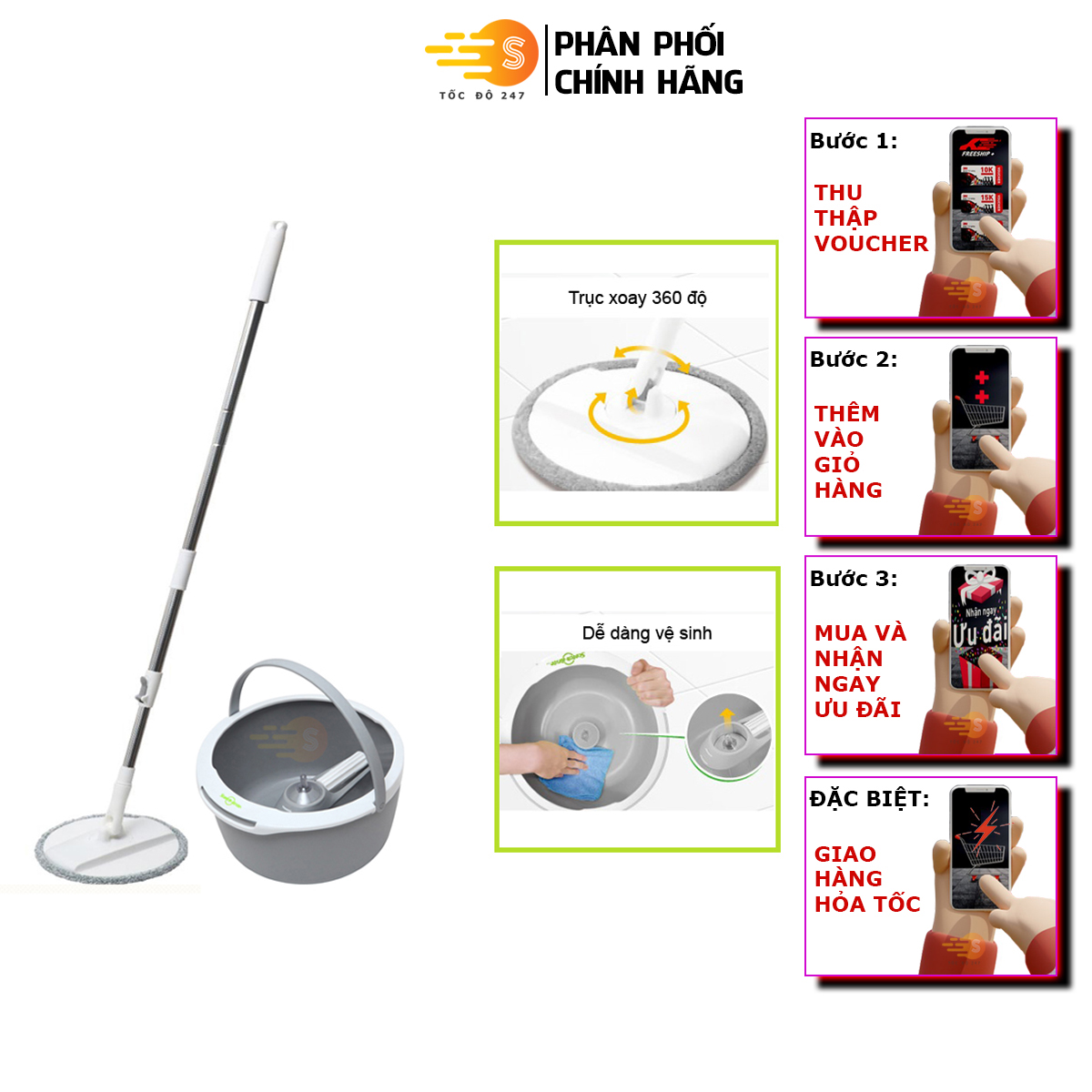 Bộ lau nhà 360 độ cải tiến mới nhỏ gọn cao cấp thông minh Scotch-Brite 3M BLN-360CT - Tốc Độ 247 cải tiến mới thông minh bông lau nhỏ lau nhanh