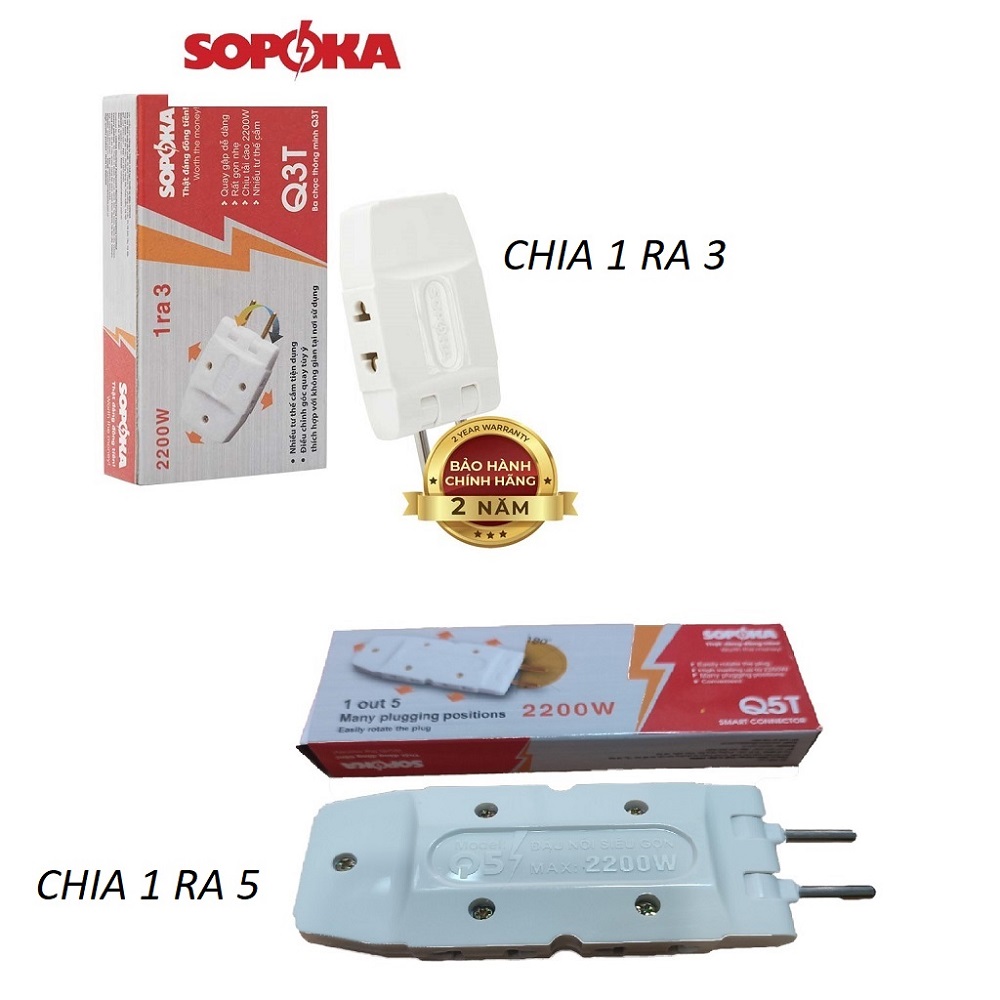 Ổ cắm chia 1 ra 3 phích cắm 1 ra 5 Sopoka 2200W có thể bẻ gấp gọn 180 độ