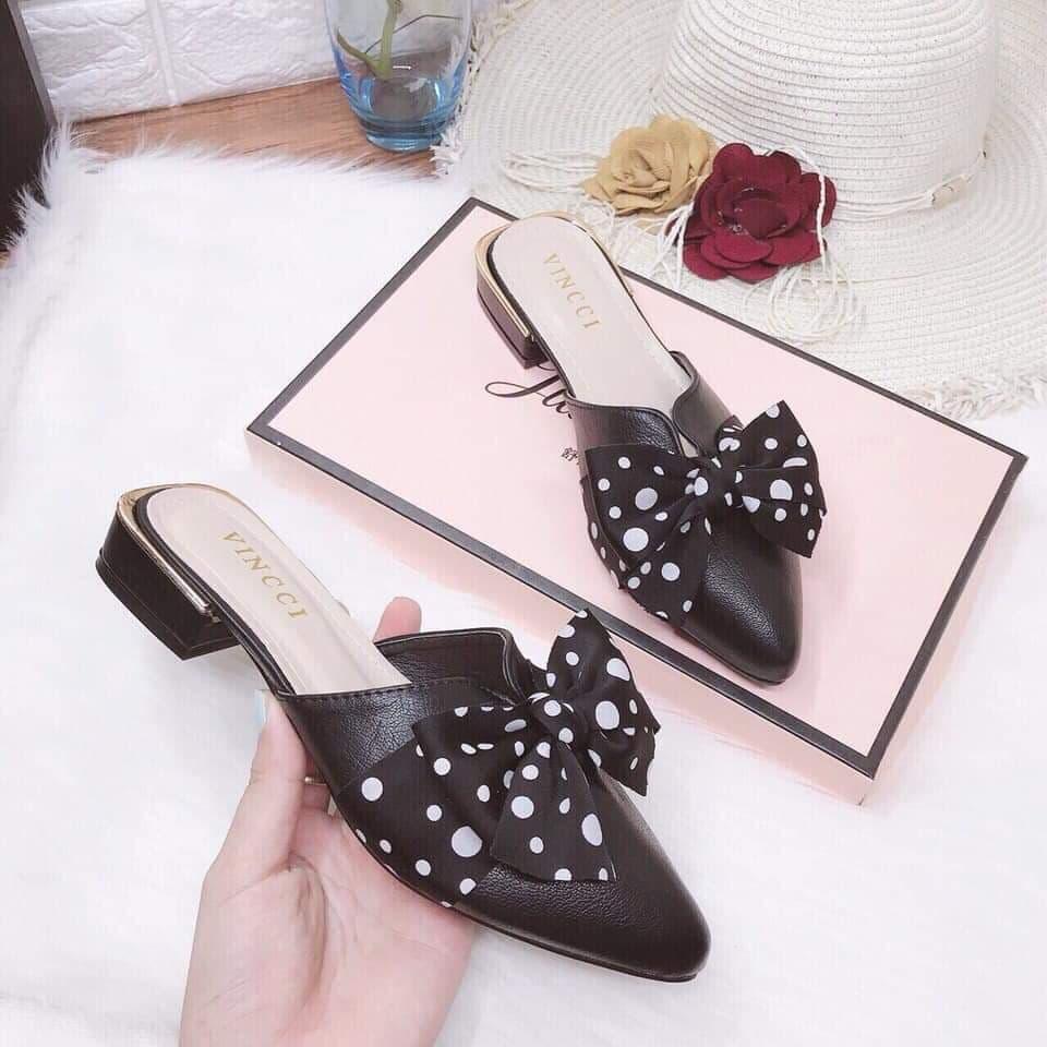 [HCM]Dép bít mũi đính nơ chấm bị