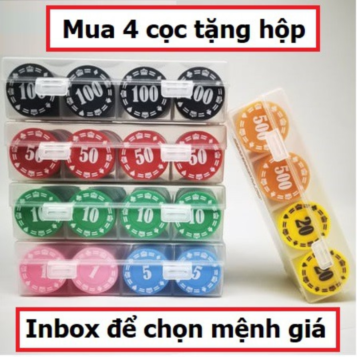 Cọc 25 chip poker 4 cọc tặng hộp đựng phỉnh poker có số giá rẻ xu chơi poker xèng pocker bằng nhựa dẻo