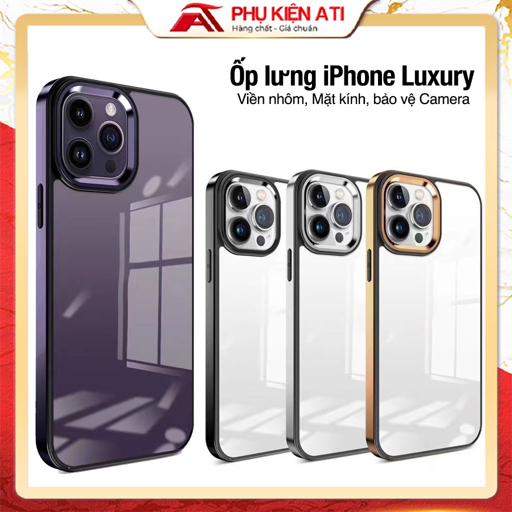 Ốp lưng iPhone viền nhôm bóng cao cấp trong suốt chống ố vàng cho 13 pro 13 promax 14 pro 14 promax 12 promax 11 Promax