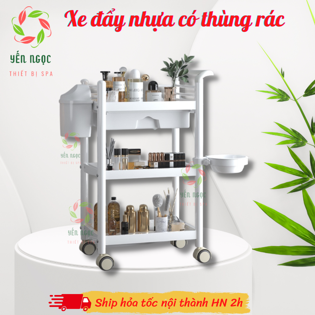 Xe đẩy nhựa 3 tầng có thùng rác | Kệ nhựa 3 tầng cao cấp cho spa | Kệ để đồ spa